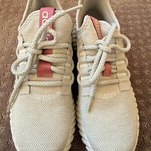 adidas Beige Knit Sneakers with Pink Pull Tabs